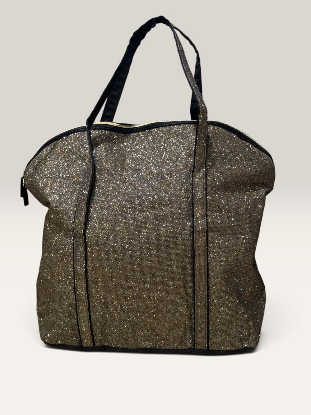 Victoria's Secret Black Metallic Gold Glitter Zipper Weekender Travel Tote Bag - Picture 3 of 8